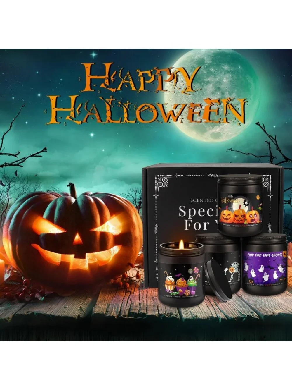 4 Pack Halloween Scented Candles - Soy Wax Aromatherapy Gift Set for Home Decor